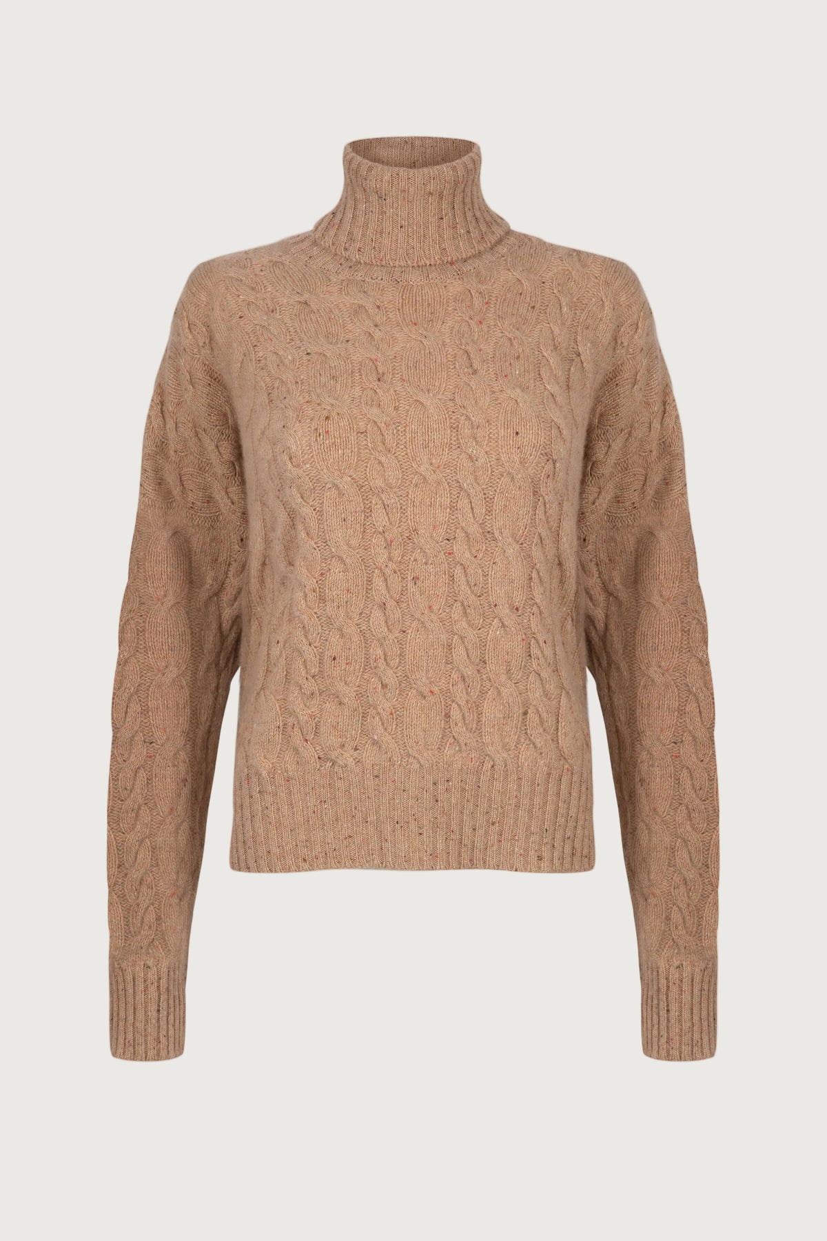 Johnstons of Elgin Women's Donegal Cashmere Cable Roll Neck Jumper in Camel Donegal on a white background KAC05091004507
