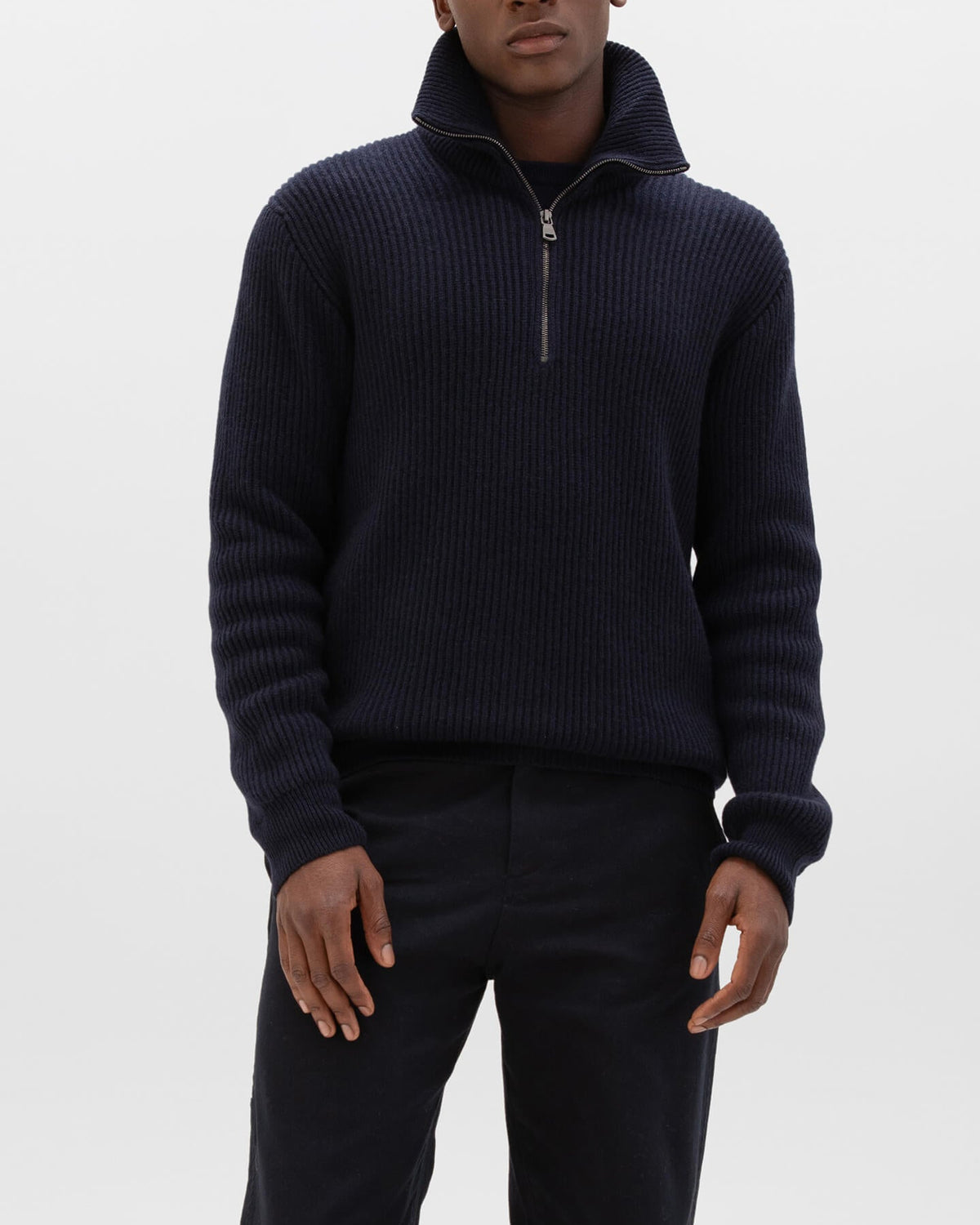 Johnstons of Elgin AW24 Men's Ribbed Cashmere Zip Turtle Neck Jumper in Dark Navy KAA05112SD7286
