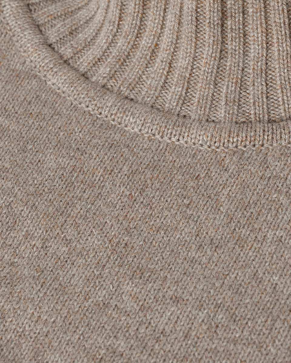 Johnstons of Elgin AW25 Women's Knitwear Ash High Neck Brown Cashmere Jumper close up KAA05585HB4334