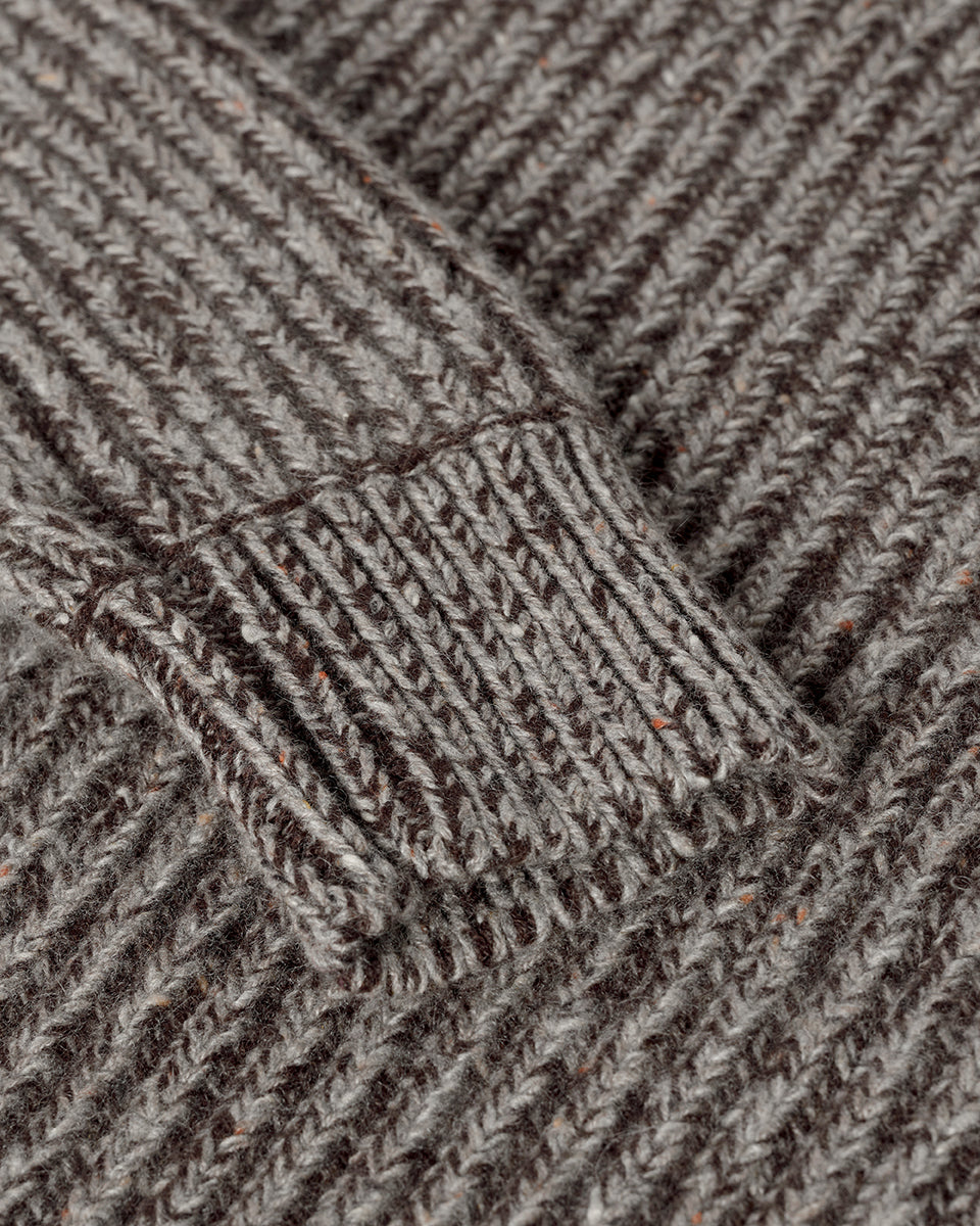 Johnstons of Elgin AW25 Women's Knitwear Peregrine Donegal & Molasses High Neck Donegal Cashmere Brown Jumper Close Up KAC05590Q25393