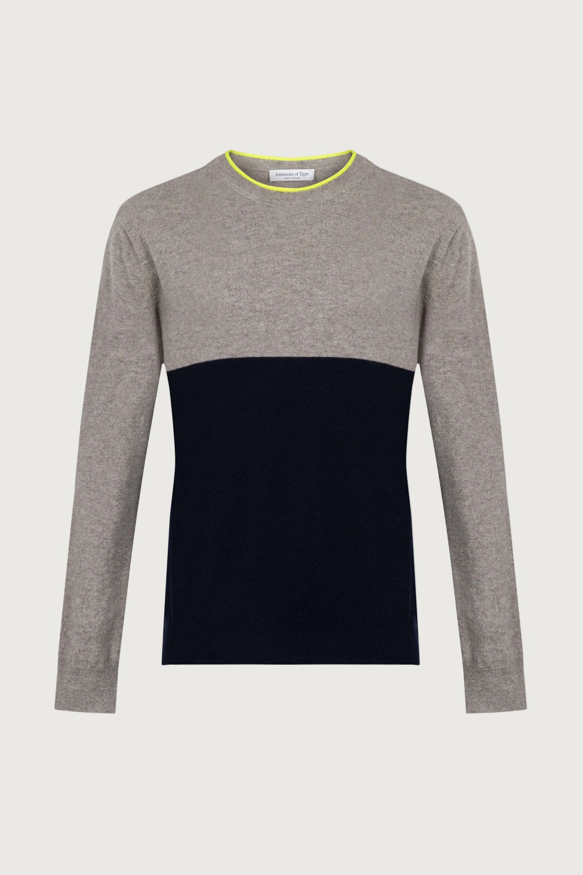 A long-sleeve crewneck sweater with a color-block design, featuring a heather gray upper section and sleeves, a solid dark navy lower section, and a bright neon yellow inner collar trim, shown against a light gray background. KAI05232Q24017