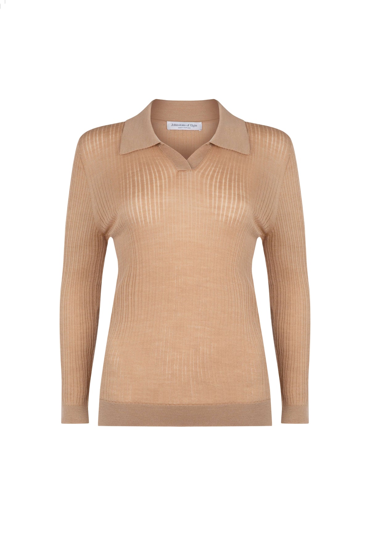 Johnstons of Elgin SS24 Women's Knitwear Camel Superfine Merino Ladder Rib Polo Shirt