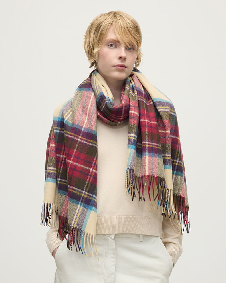 Johnstons of Elgin Tartan Cashmere Stole in Hessian Dress Stewart on a white background WA000056KU0010N/A