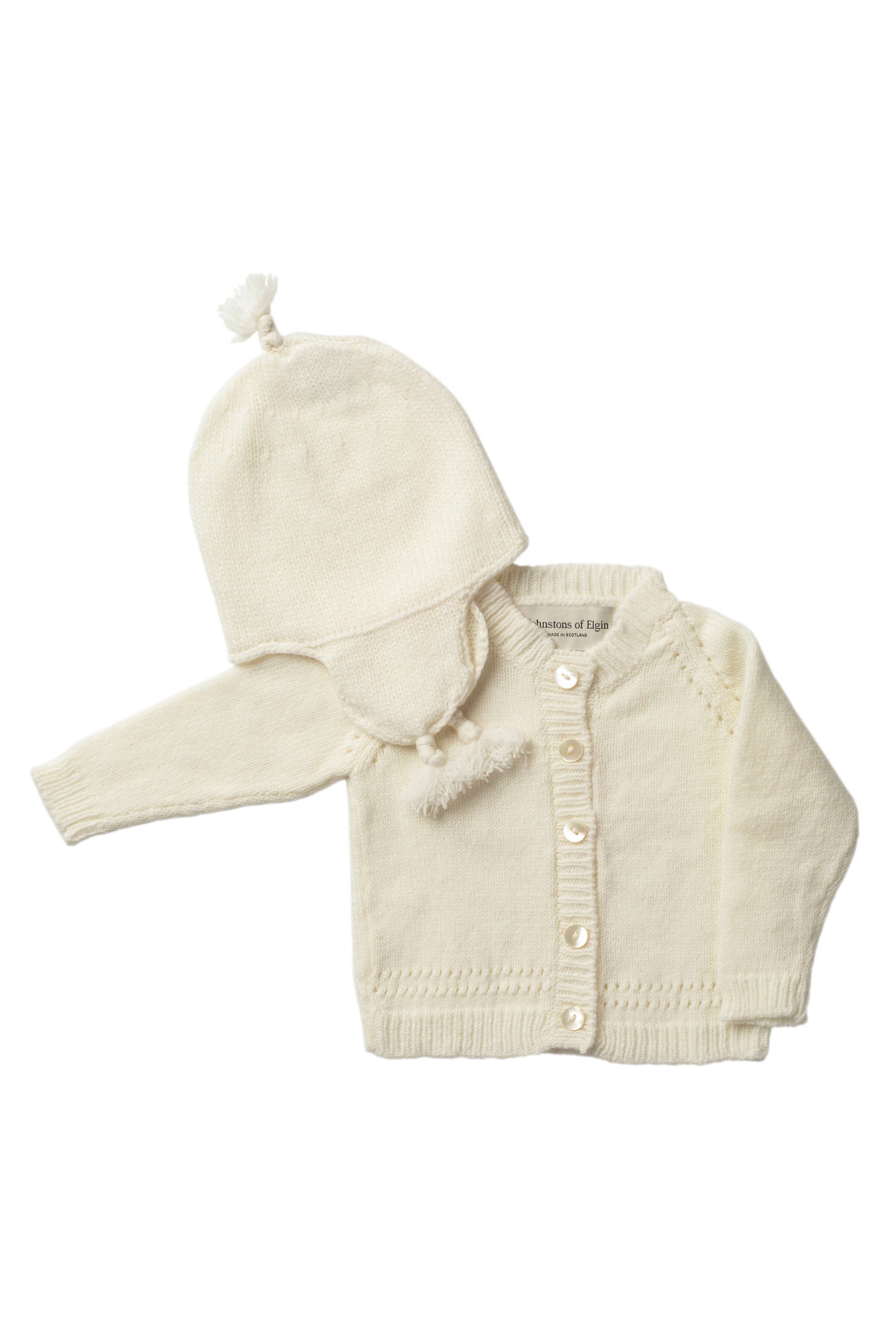 Johnstons of Elgin Baby Handknits ECRU Hand Knit Cashmere Baby Cardigan & Cashmere Beanie Giftset AW21GIFTSET19A