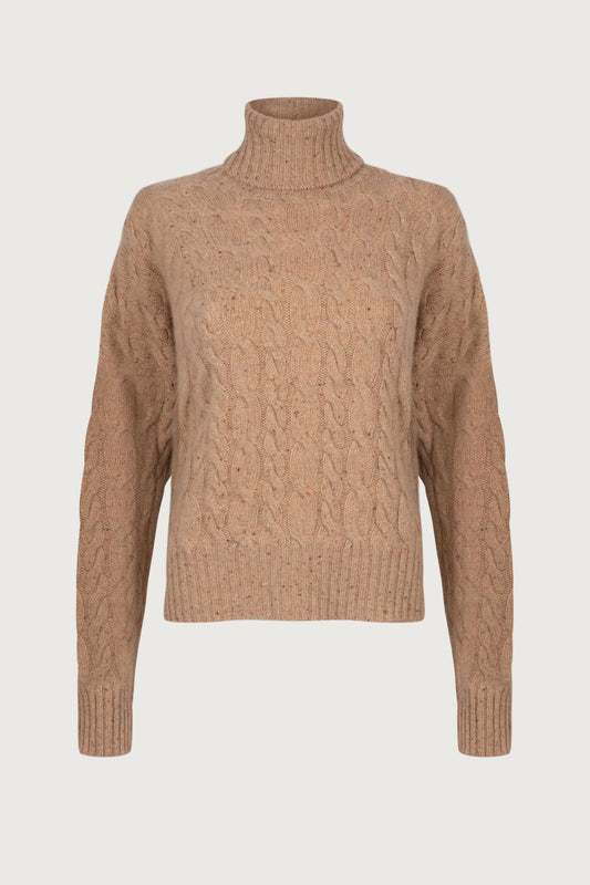 Johnstons of Elgin Women's Donegal Cashmere Cable Roll Neck Jumper in Camel Donegal on a white background KAC05091004507