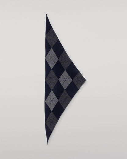 Navy and gray checkered triangle scarf on a light gray background JOHNSTONS OF ELGIN CLAN BANDANA NAVY 100% CASHMERE HAP03612JU1613ONE
