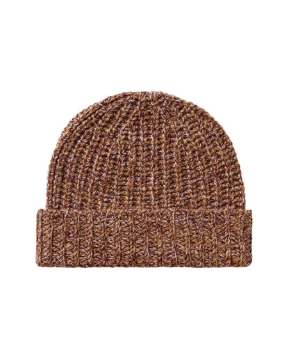 Johnstons of Elgin AW25 Knitted Accessories Dark Camel Marl Half Cardigan Stich Red Cashmere Beanie HAT02850006360ONE