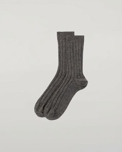 Johnstons of Elgin set of three pairs of cashmere socks in grey, navy, and beige on a light grey background 2025GIFTSET2