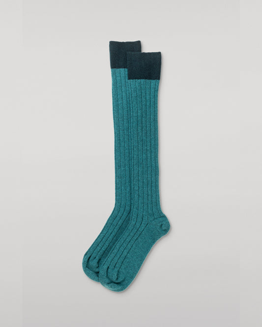 JOHNSTONS OF ELGIN WOMENS LONG RIBBED AINSLEY SOCK WITH CONTRAST CUFF GREEN 90% CASHMERE, 10% NYLON HBN02581Q26243ONE