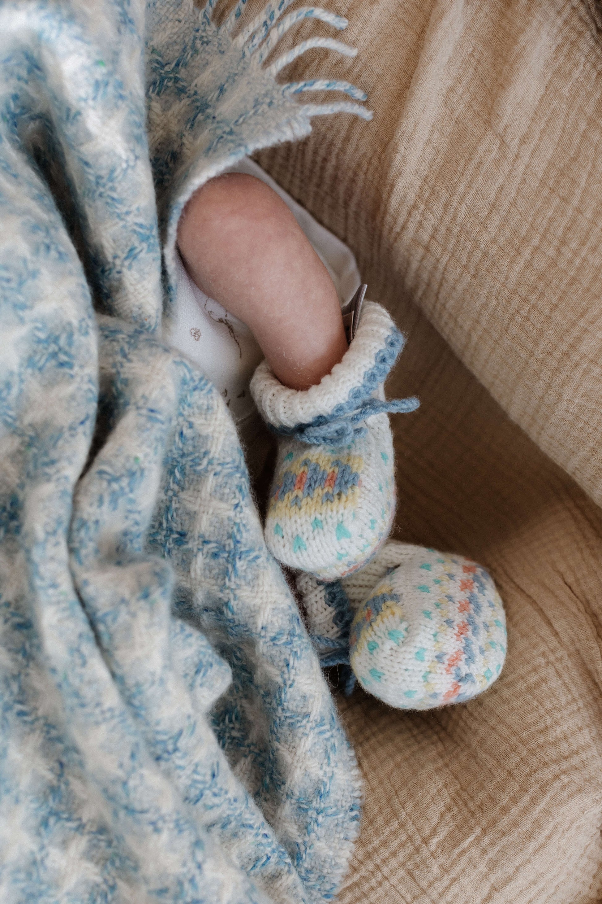Johnstons of Elgin Baby Handknits SKYLINE (BLUE) Hand Knit Fairisle Cashmere Baby Booties JA000138SD0309