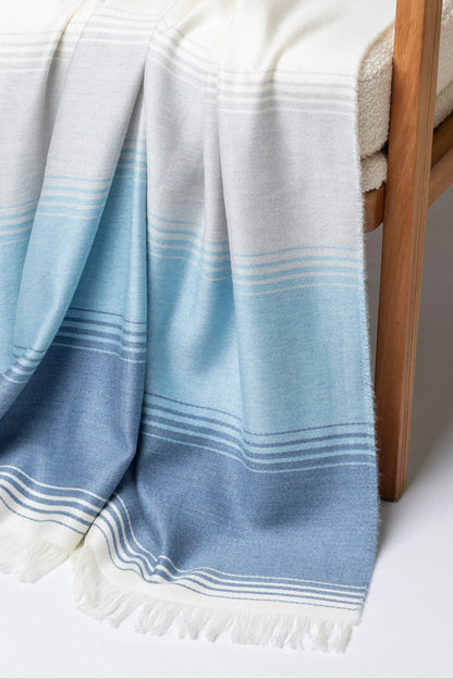 2025 Johnstons of Elgin Interiors Collection Green & Blue Diffused Stripe Merino Wool Throw on a grey background  WD000257RU7611ONE