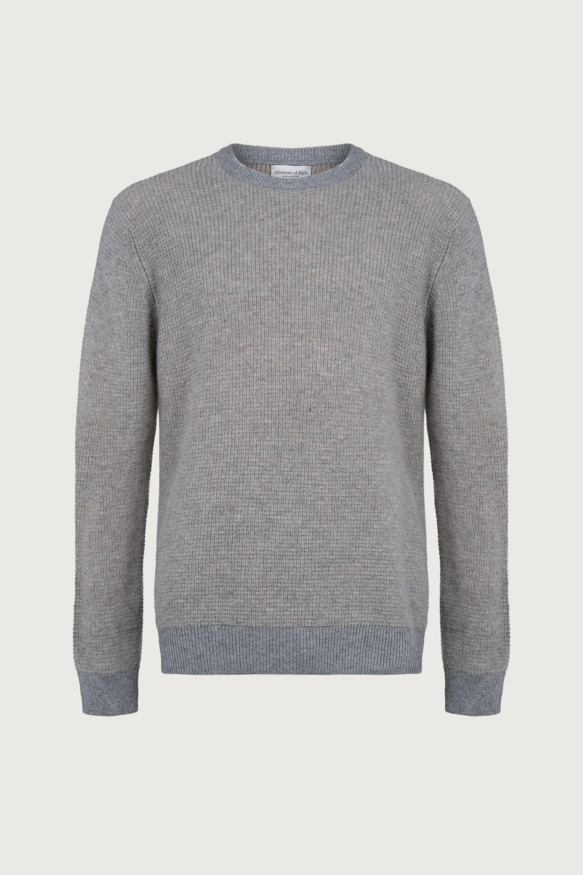 Johnstons of Elgin Mens Knitwear Light Grey & Oatmeal Textured Waffle Rib Cashmere Jumper KAA05042Q23703