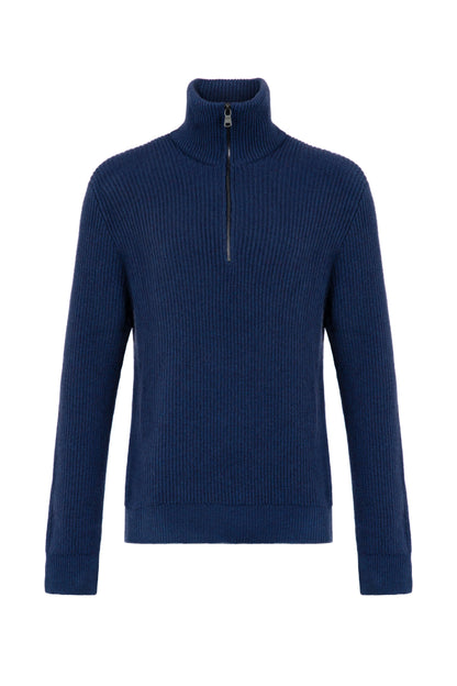 Johnstons of Elgin Men's Knitwear Ocean Blue Ribbed Cashmere Zip Neck KAA05112HD7244