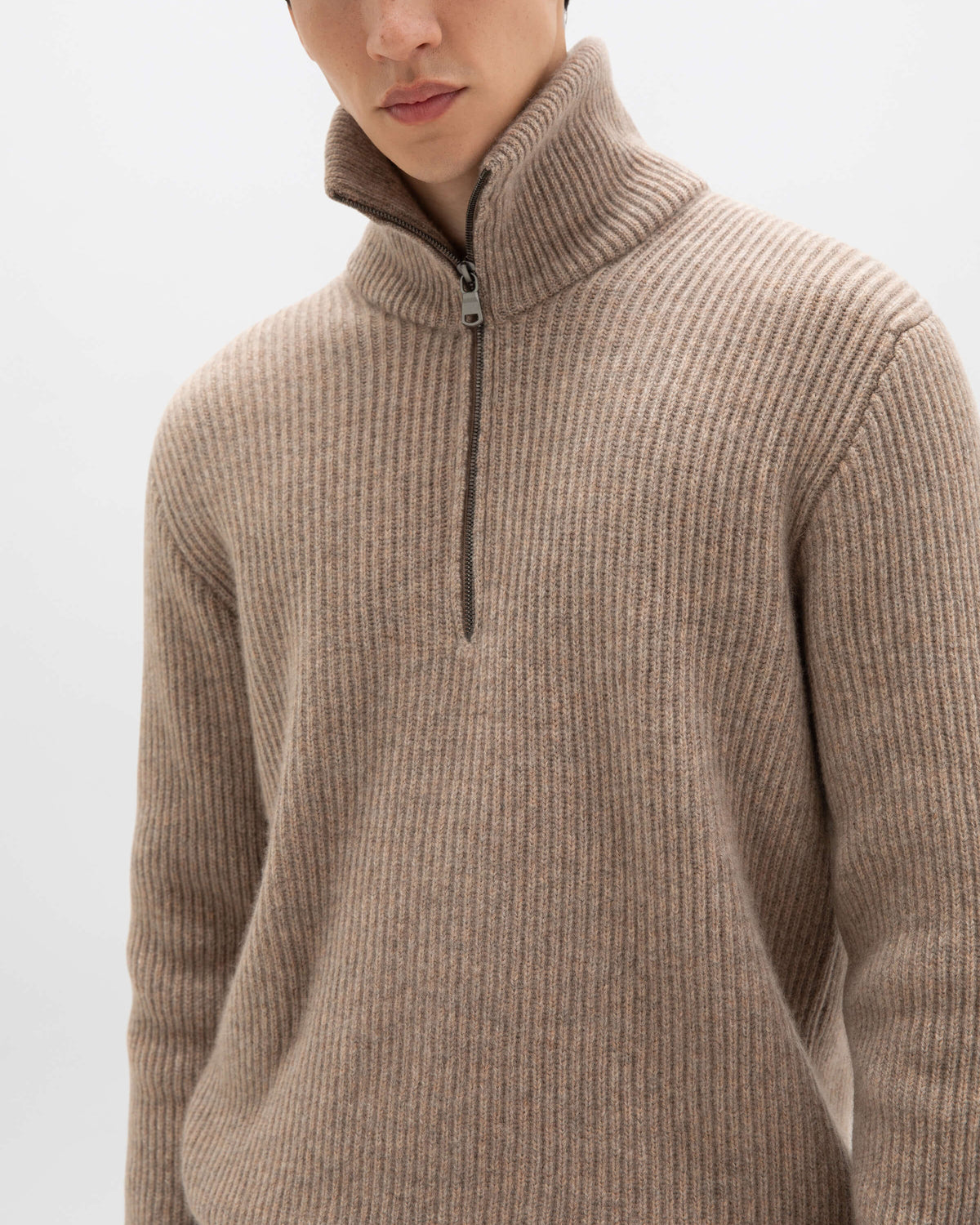 Johnstons of Elgin AW24 Men's Knitwear Ash Ribbed Cashmere Zip Turtle Neck Jumper KAA05112HB4334
