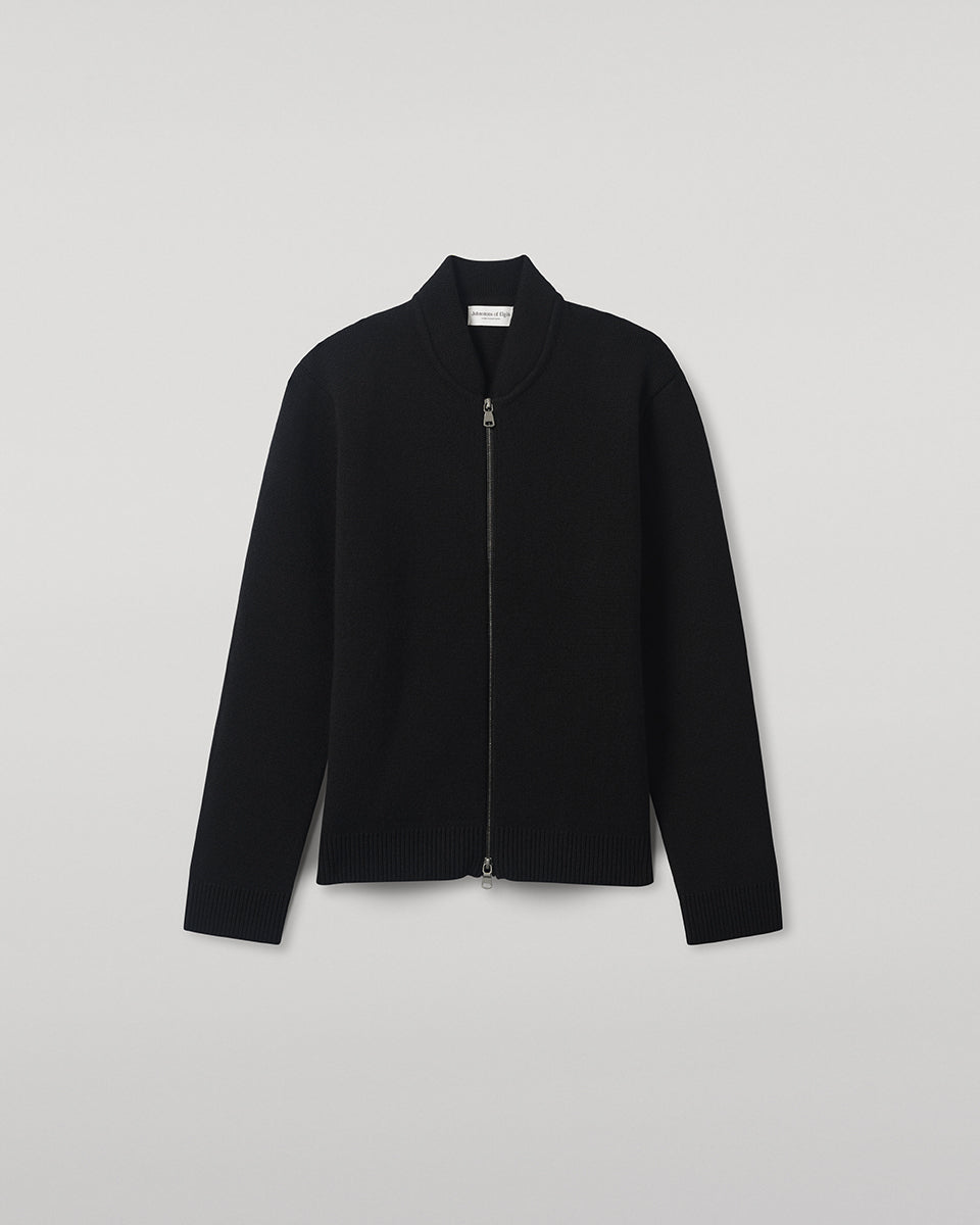 Front view of a model wearing Johnstons of Elgin Men's Knitwear Black Milano Ribbed Zip Black Cashmere  KAA05443SA7210