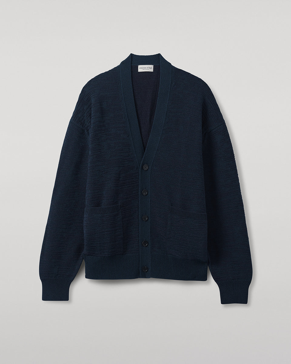 Johnstons of Elgin AW25 Men's Knitwear Bottle Green & Dark Navy Plaited Texture Green Cashmere Cardigan KAA05579Q25389