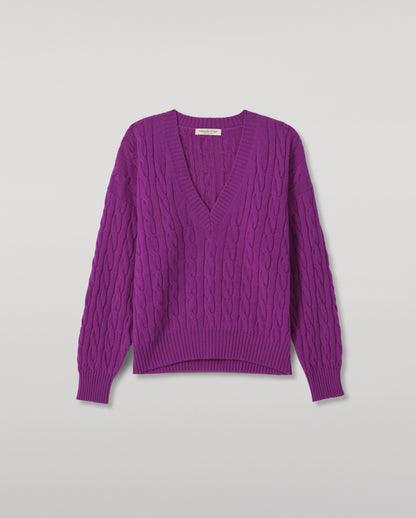 JOHNSTONS OF ELGIN KYLESKU DEEP VEE SWEATER CASHMERE CABLE DEEP VEE SWEATER PURPLE 100% CASHMERE KAA05728SD5372