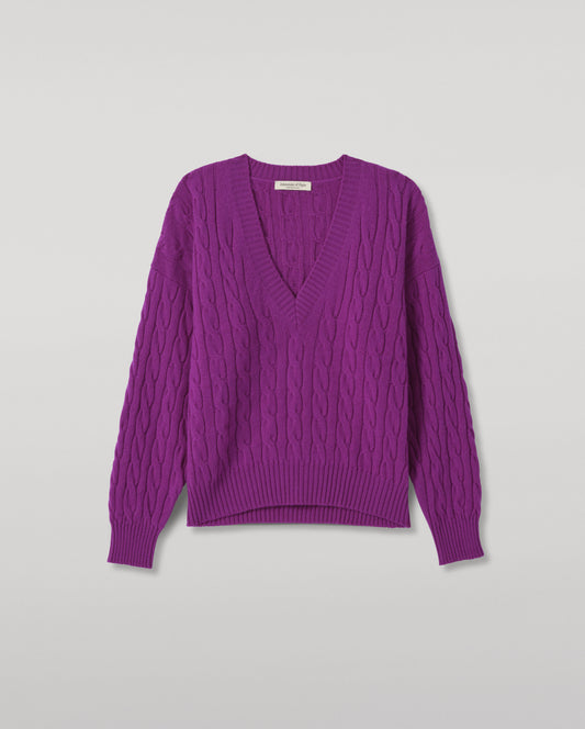 JOHNSTONS OF ELGIN KYLESKU DEEP VEE SWEATER CASHMERE CABLE DEEP VEE SWEATER PURPLE 100% CASHMERE KAA05728SD5372