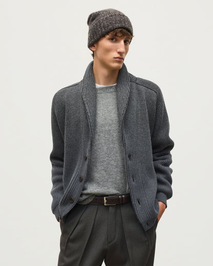 JOHNSTONS OF ELGIN PIONEER SHAWL CARDIGAN CASHMERE RIBBED OMBRE SHAWL COLLAR CARDIGAN - 6 PLY GREY 100% CASHMERE KAA05750Q26318