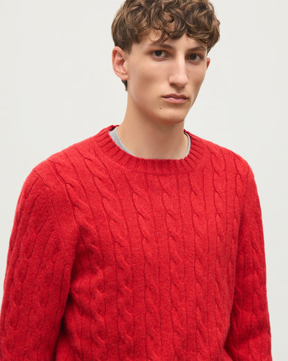 JOHNSTONS OF ELGIN CALDER CREW SWEATER CASHMERE CABLE CREW SWEATER RED 100% CASHMERE KAA05754HE4390