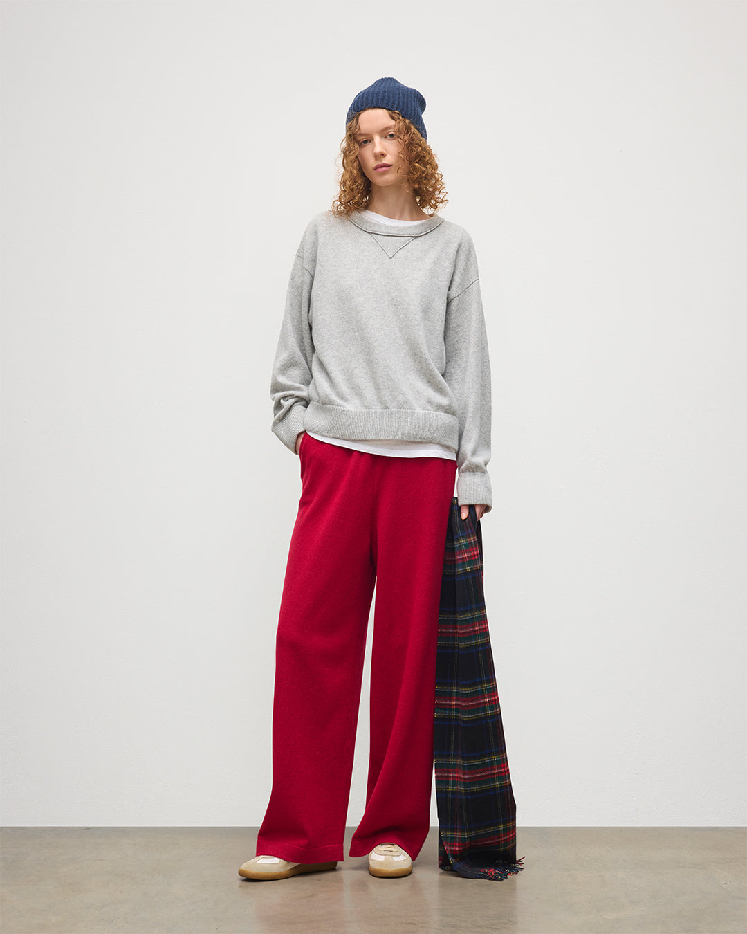 JOHNSTON OF ELGIN WOMENS STELLA SWEATSHIRT GREY 100% CASHMERE WITH COLL RED CASHMER TROUSERS, NAVY BEANIE AND BLACK STEWART CASHMERE SCARF KAA05770HA0399