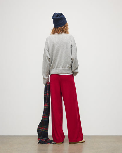 JOHNSTON OF ELGIN WOMENS STELLA SWEATSHIRT GREY 100% CASHMERE WITH COLL RED CASHMERE TROUSERS, NAVY BEANIE AND BLACK STEWART CASHMERE SCARF KAA05770HA0399