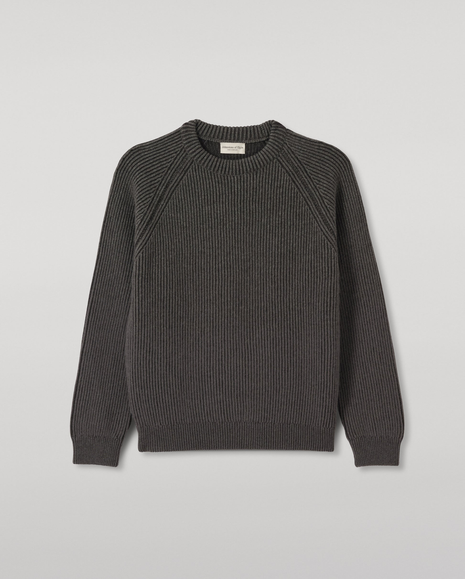 JOHNSTONS OF ELGIN PIONEER CREW SWEATER CASHMERE RIBBED OMBRE CREW NECK SWEATER - 6 PLY GREY 100% CASHMERE KAA05954Q26322