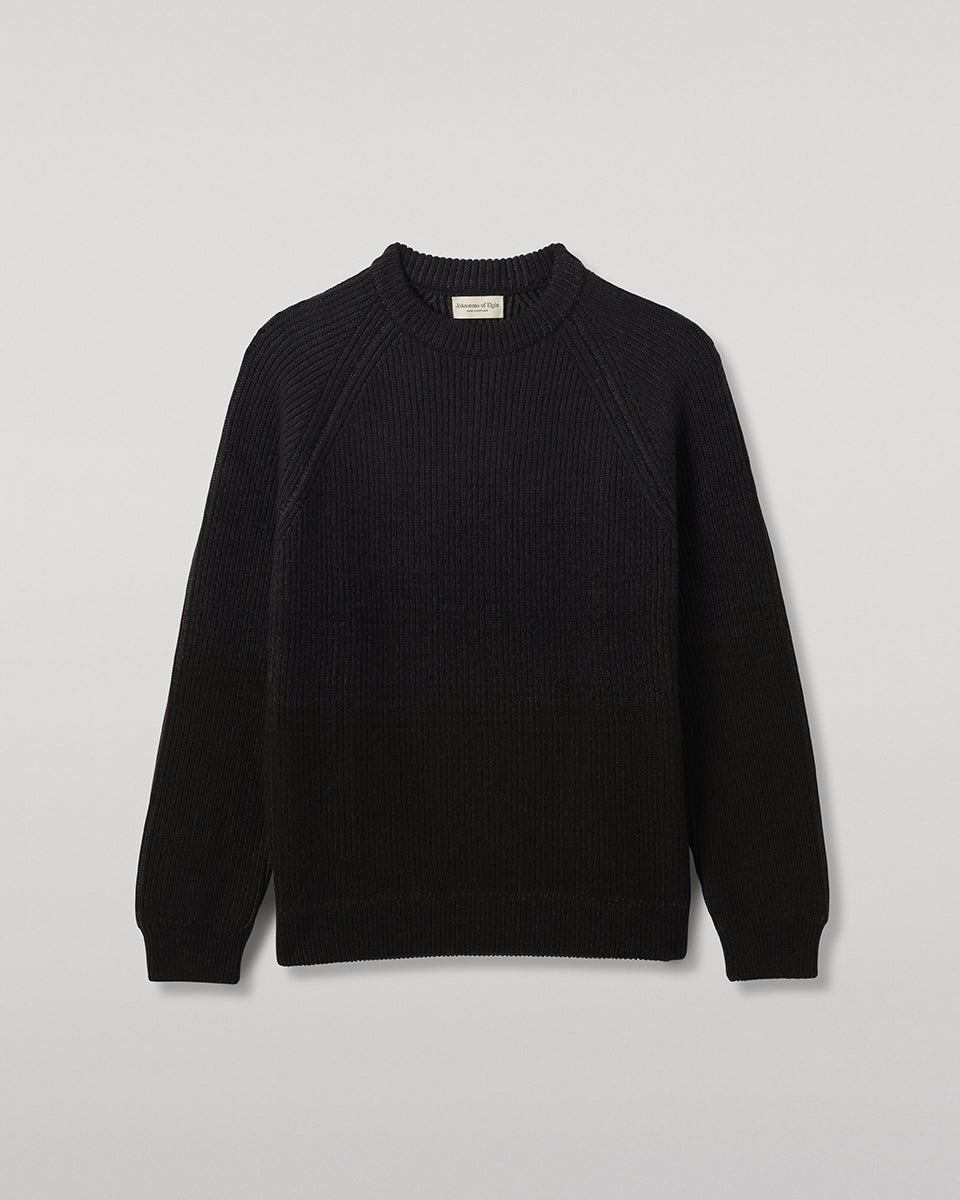 JOHNSTONS OF ELGIN PIONEER CREW SWEATER CASHMERE RIBBED OMBRE CREW NECK SWEATER - 6 PLY BLACK 100% CASHMERE KAA05954Q26321