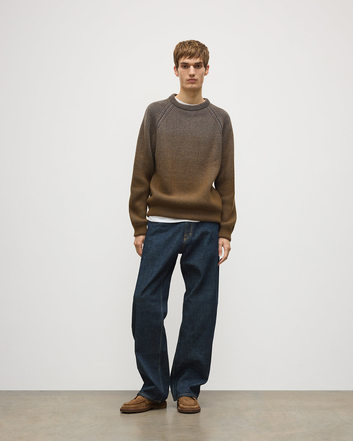 JOHNSTONS OF ELGIN PIONEER CREW SWEATER CASHMERE RIBBED OMBRE CREW NECK SWEATER - 6 PLY GREEN 100% CASHMERE KAA05954Q26323