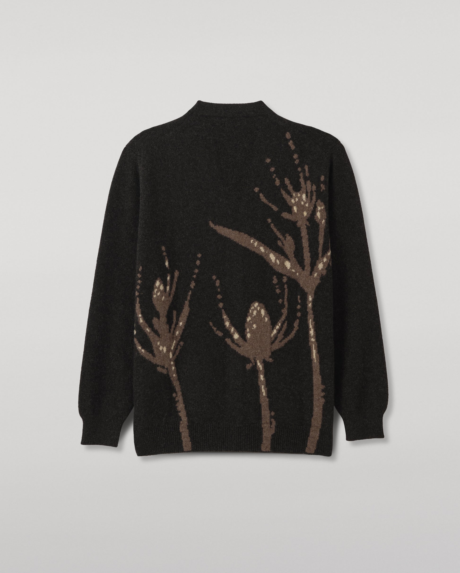 JOHNSTONS OF ELGIN WILD THISTLE INTARSIA CARDIGAN CASHMERE THISTLE INTARSIA VEE NECK CARDIGAN WITH POCKETS DARK GREY 100% CASHMERE KAA05974JU1657