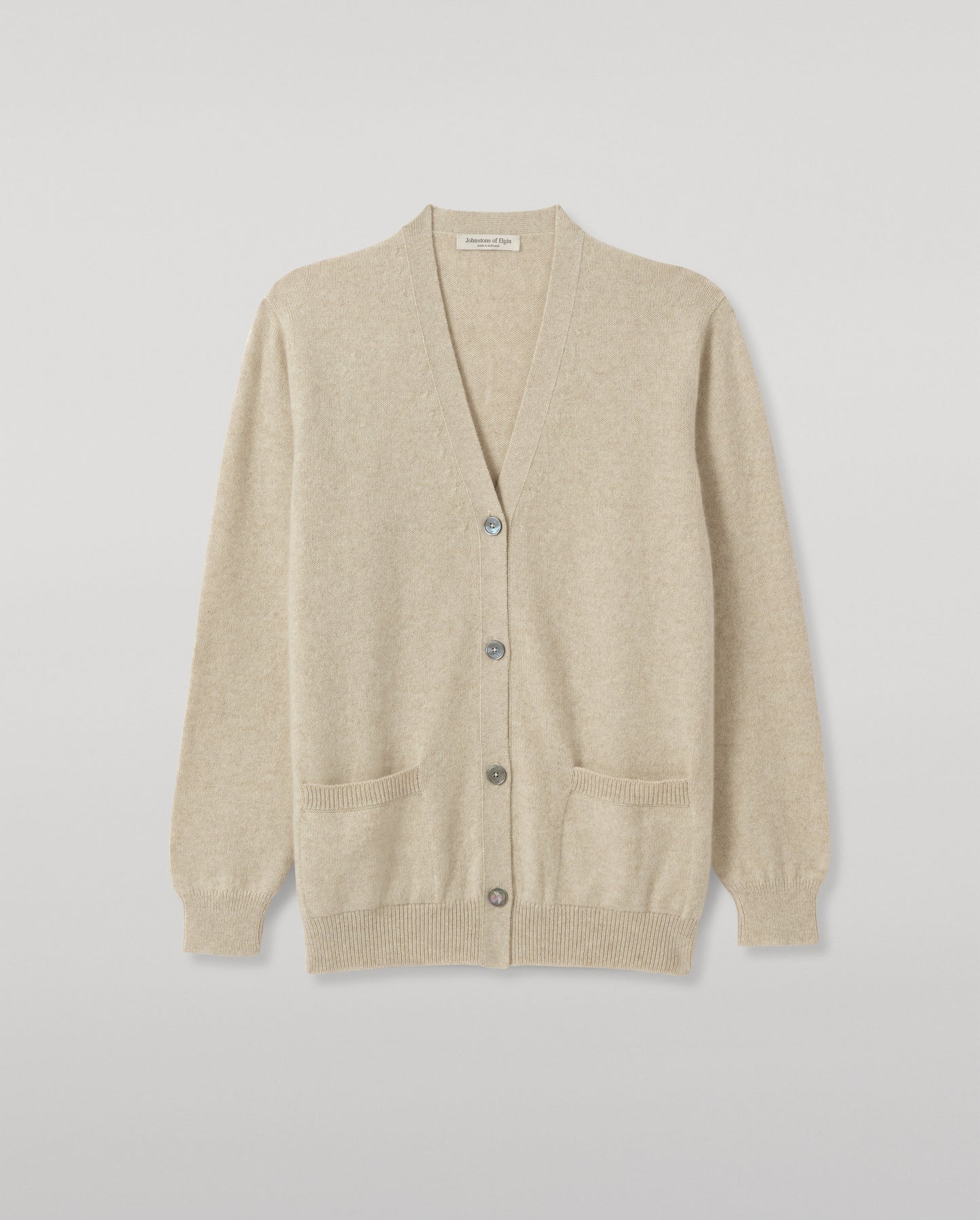JOHNSTONS OF ELGIN WILD THISTLE INTARSIA CARDIGAN CASHMERE THISTLE INTARSIA VEE NECK CARDIGAN WITH POCKETS CREAM 100% CASHMERE KAA05974JU1659