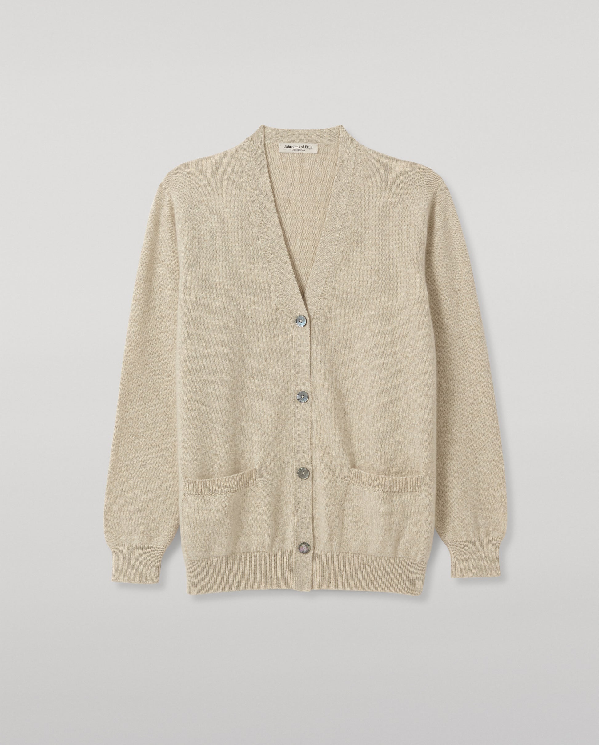 JOHNSTONS OF ELGIN WILD THISTLE INTARSIA CARDIGAN CASHMERE THISTLE INTARSIA VEE NECK CARDIGAN WITH POCKETS CREAM 100% CASHMERE KAA05974JU1659