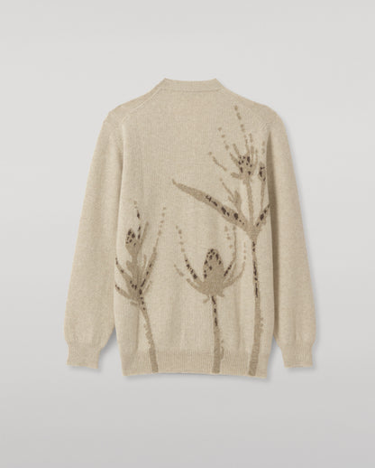 JOHNSTONS OF ELGIN WILD THISTLE INTARSIA CARDIGAN CASHMERE THISTLE INTARSIA VEE NECK CARDIGAN WITH POCKETS CREAM 100% CASHMERE KAA05974JU1659