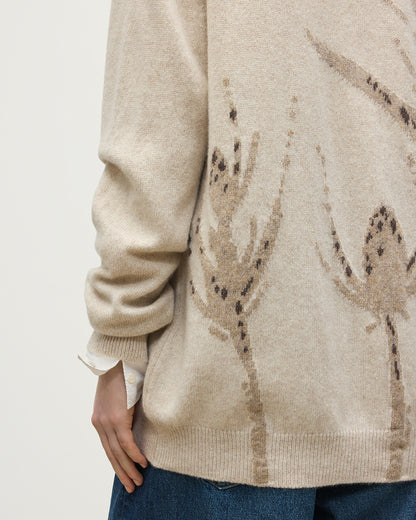 JOHNSTONS OF ELGIN WILD THISTLE INTARSIA CARDIGAN CASHMERE THISTLE INTARSIA VEE NECK CARDIGAN WITH POCKETS CREAM 100% CASHMERE KAA05974JU1659