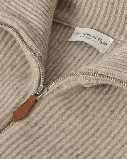 JOHNSTONS OF ELGIN KINNAIRD HALF ZIP SWEATER DONEGAL CASHMERE RIBBED ZIP NECK SWEATER CREAM 100% CASHMERE KAA05985HA0397