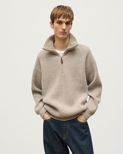 JOHNSTONS OF ELGIN KINNAIRD HALF ZIP SWEATER DONEGAL CASHMERE RIBBED ZIP NECK SWEATER CREAM 100% CASHMERE KAA05985HA0397