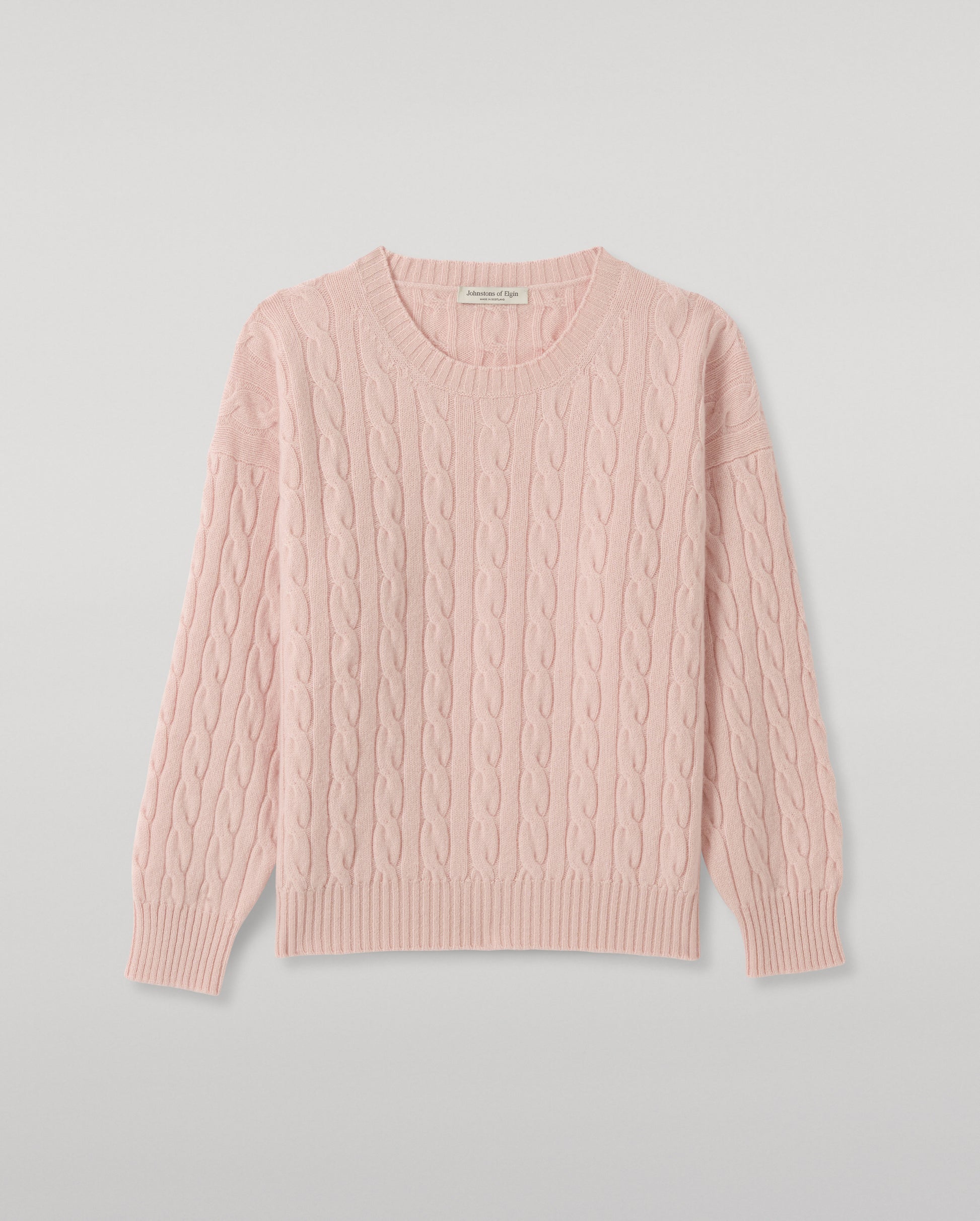 JOHNSTONS OF ELGIN KYLESKU CREW SWEATER CASHMERE CABLE ROUND NECK SWEATER LIGHT PINK 100% CASHMERE KAA06028SE5378XS