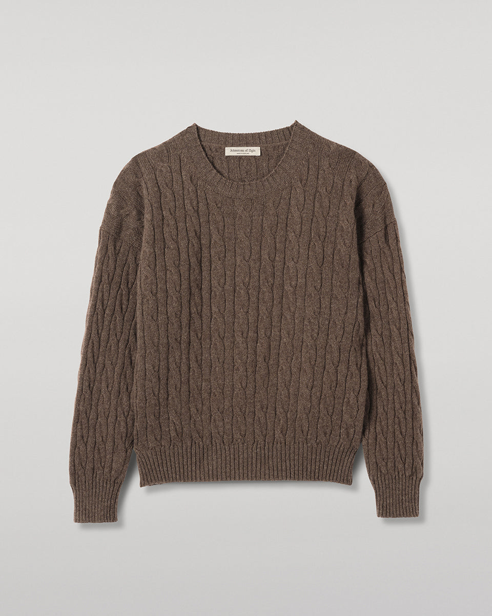 JOHNSTONS OF ELGIN KYLESKU CREW SWEATER CASHMERE CABLE ROUND NECK SWEATER BROWN 100% CASHMERE KAA06028HB7126