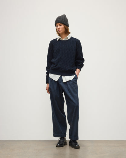 JOHNSTONS OF ELGIN KYLESKU CREW SWEATER CASHMERE CABLE ROUND NECK SWEATER DARK BLUE 100% CASHMERE KAA06028HD7347