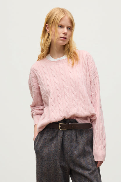 JOHNSTONS OF ELGIN KYLESKU CREW SWEATER CASHMERE CABLE ROUND NECK SWEATER LIGHT PINK 100% CASHMERE KAA06028SE5378