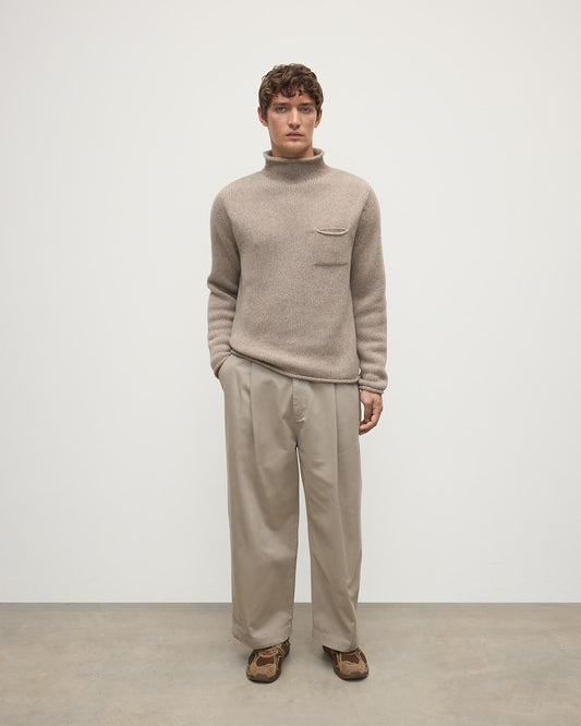 Model wearing Johnstons of Elgin Men's Knitwear Ash Brown Cashmere Turtleneck Jumper Front KAB05484HB4334