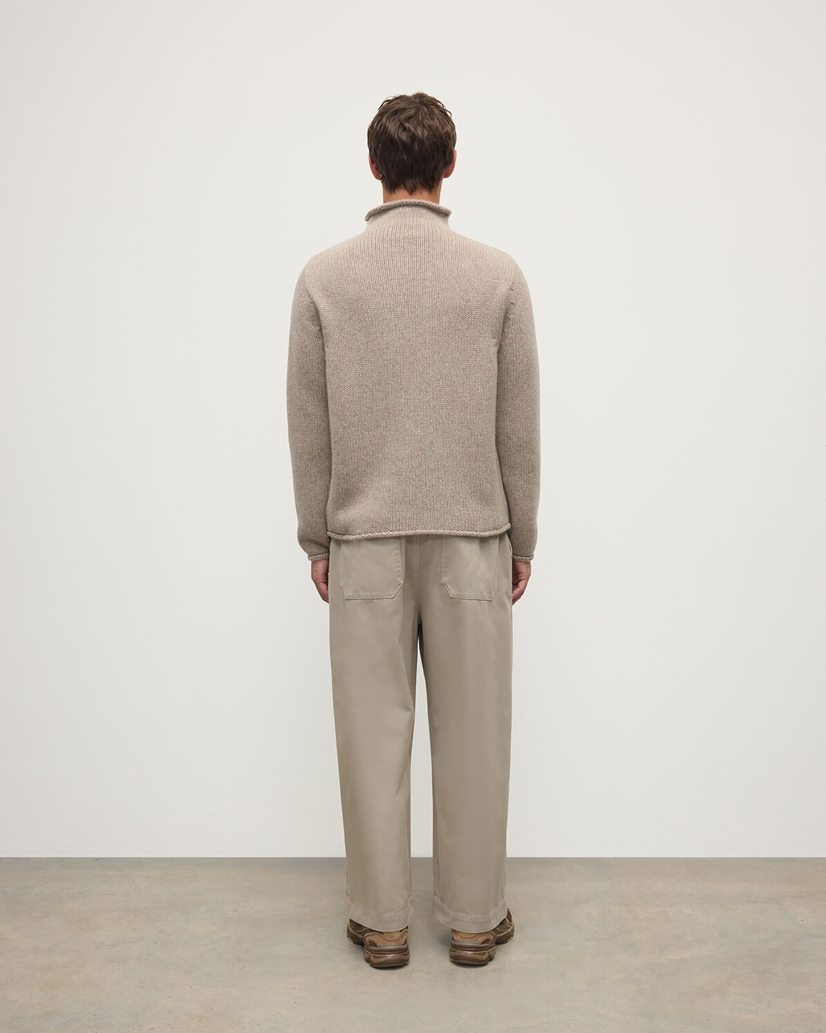 Model wearing Johnstons of Elgin  Men's Knitwear Ash Brown Cashmere Turtleneck Jumper Back KAB05484HB4334
