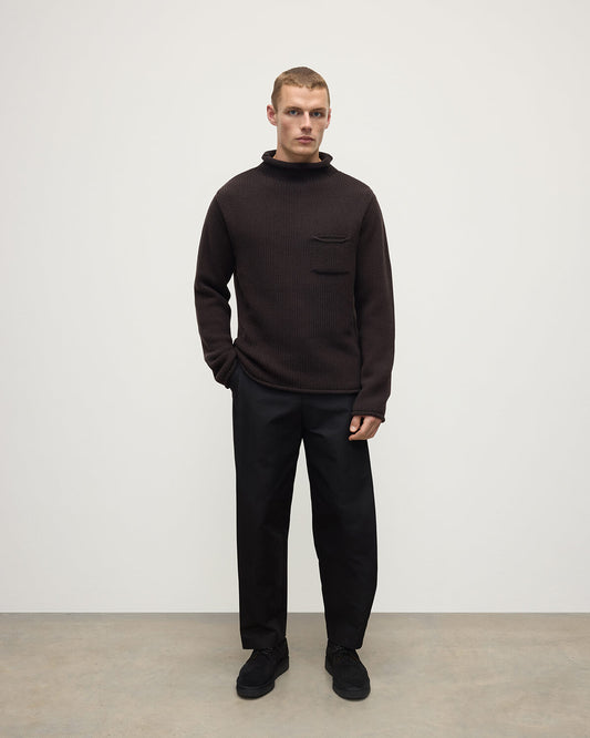 Front view of a model wearing Johnstons of Elgin AW25 Men's Knitwear Molasses Brown Cashmere Turtleneck Jumper KAB05484SB7290