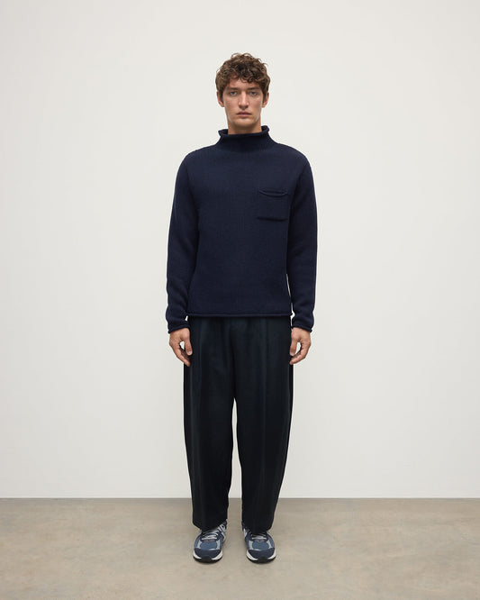 Front view of a model wearing Johnstons of Elgin Men's Knitwear Dark Navy Navy Cashmere Turtleneck Jumper KAB05484SD7666