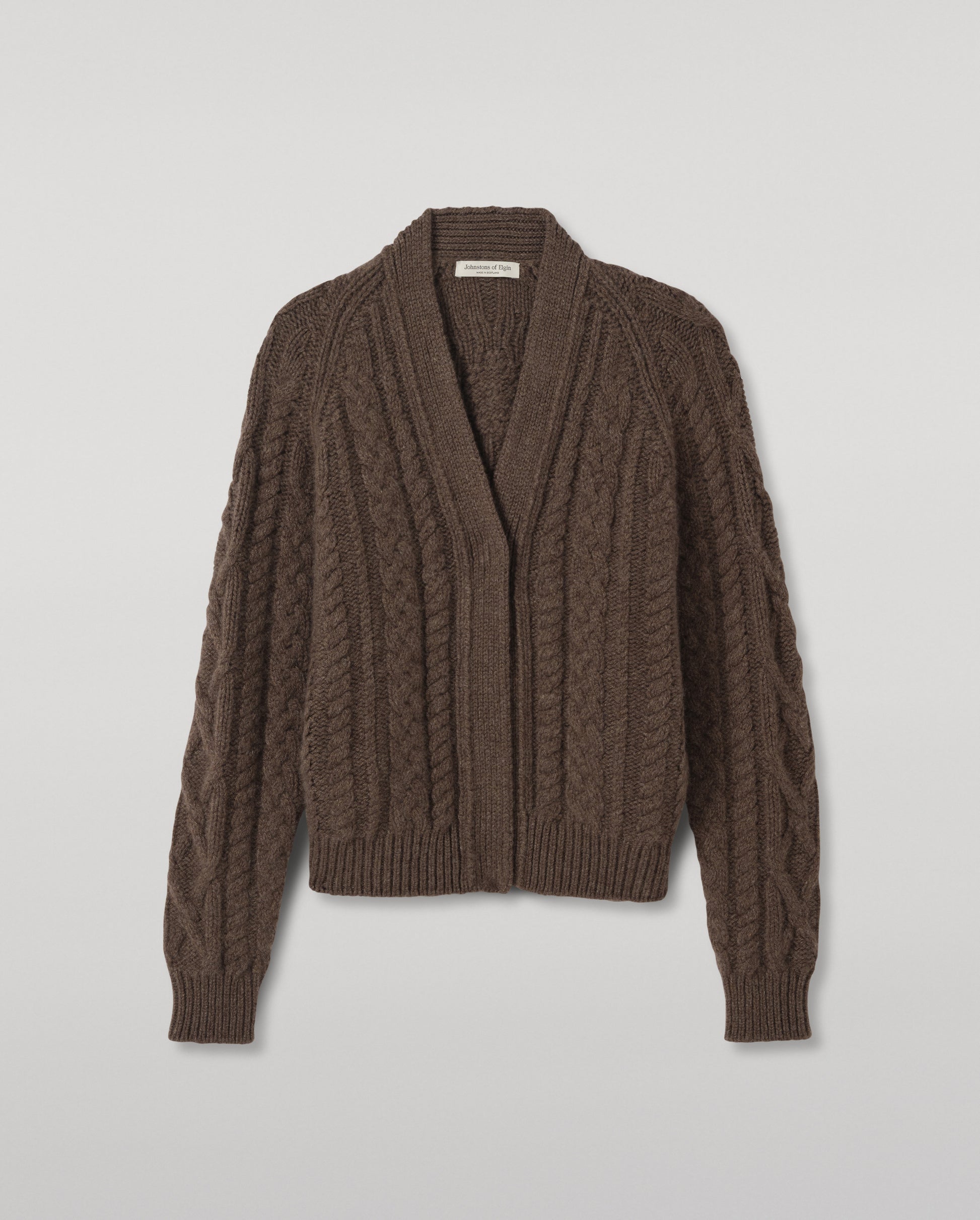 JOHNSTONS OF ELGIN MABEL VEE CARDIGAN CASHMERE ARAN CABLE VEE NECK CARDIGAN DETAIL ON BACK BROWN 100% CASHMERE KAB05982HB7126