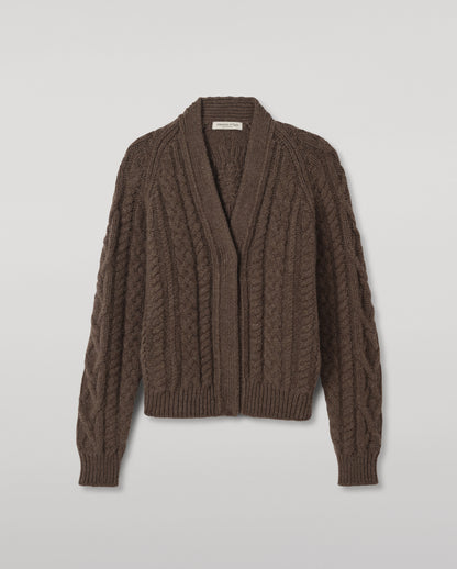 JOHNSTONS OF ELGIN MABEL VEE CARDIGAN CASHMERE ARAN CABLE VEE NECK CARDIGAN DETAIL ON BACK BROWN 100% CASHMERE KAB05982HB7126
