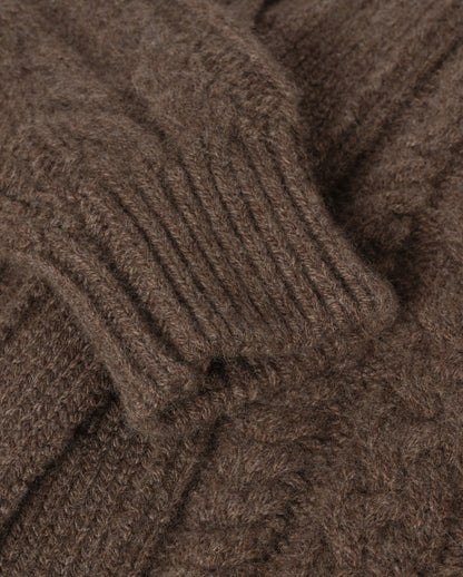 JOHNSTONS OF ELGIN MABEL VEE CARDIGAN CASHMERE ARAN CABLE VEE NECK CARDIGAN DETAIL ON BACK BROWN 100% CASHMERE KAB05982HB7126