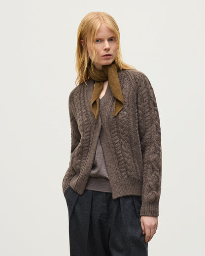 JOHNSTONS OF ELGIN MABEL VEE CARDIGAN CASHMERE ARAN CABLE VEE NECK CARDIGAN DETAIL ON BACK BROWN 100% CASHMERE KAB05982HB7126