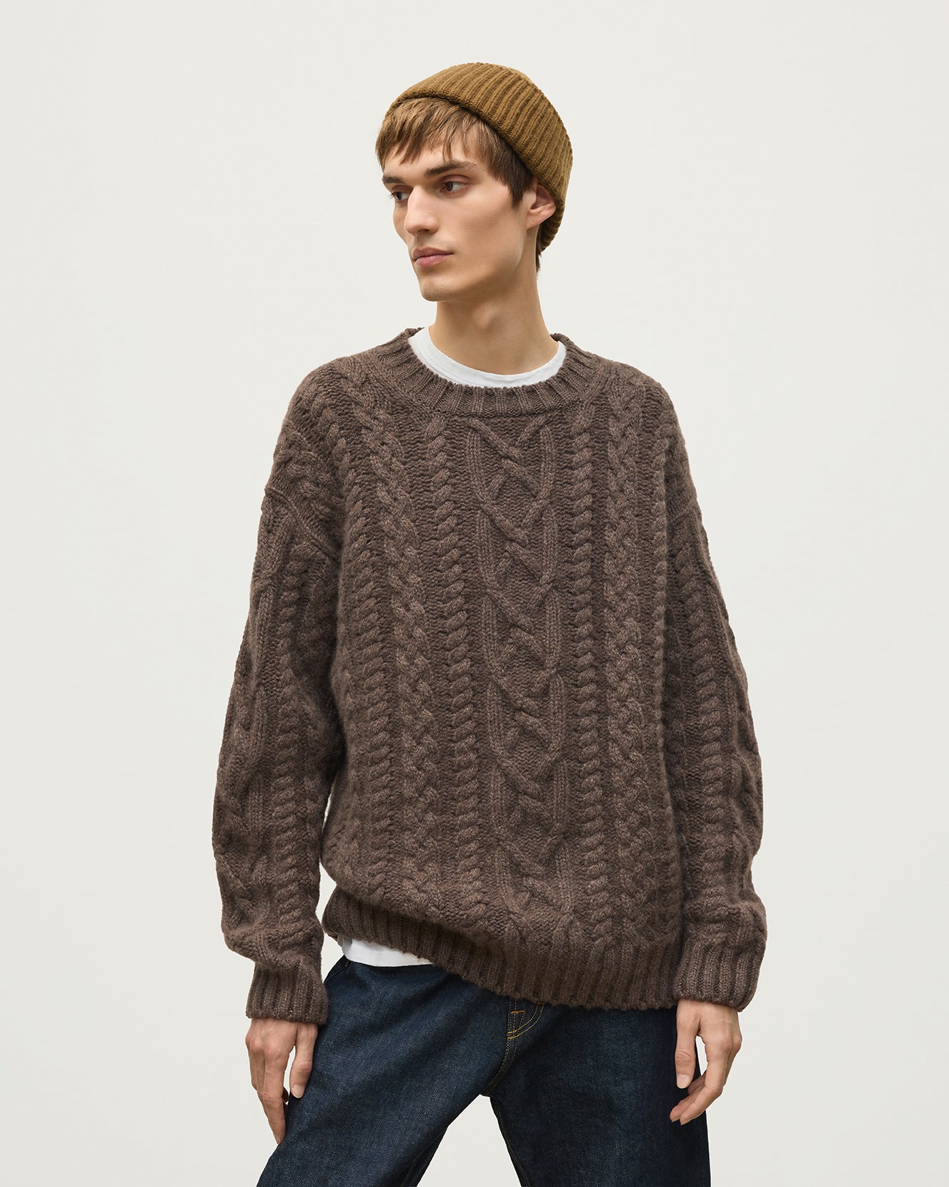 JOHNSTONS OF ELGIN MACDONALD CABLE CREW CASHMERE ARAN CABLE CREW SWEATER BROWN 100% CASHMERE KAB06009HB7126
