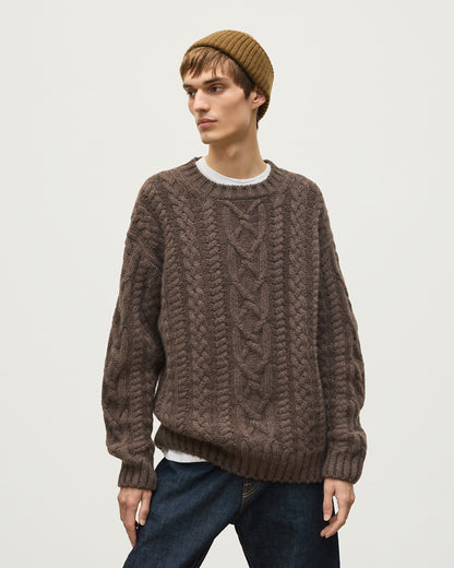 JOHNSTONS OF ELGIN MACDONALD CABLE CREW CASHMERE ARAN CABLE CREW SWEATER BROWN 100% CASHMERE KAB06009HB7126